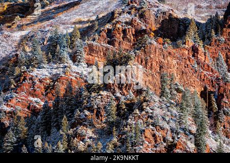 Nahaufnahme der Maroon Bells Gegend in Aspen, Colorado mit roten Felsenklippen, die nach dem Winter im Herbst mit Schnee bedeckt sind, und Fichtenbäumen Stockfoto