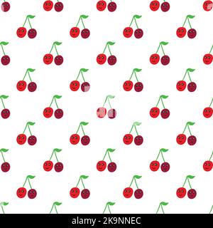 Nahtloses Vektor-Muster mit Beeren. Kirschen mit Augen und Lächeln im Cartoon-Stil. Wiederholende Druckhintergrundtextur. Stoff in farbenfrohem Dessin Stock Vektor