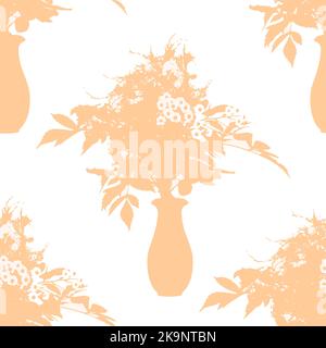 Nahtloses Lichtmuster mit Blumen in Vase. Blumenstrauß Silhouette. Dekorativ eleganter Hintergrund. Stock Vektor