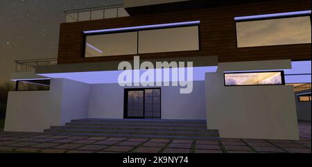 Beleuchtung des Vordereingangs zu einem modernen Landhaus mit weißem LED-Licht. Breite Betontreppe. Schwingtür mit Glaseinsätzen. 3D Rendern. Stockfoto