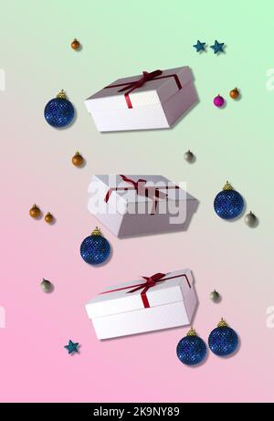 Drei Geschenkboxen umgeben von weihnachtsdekorationen, kreatives Urlaubskonzept, auf dem pastellfarbenen Hintergrund Stockfoto