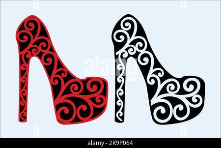Rote und schwarze Schuhe mit hohem Absatz und Blumen. Schuhe kleiden, florales Muster. Moderne Logo-Vorlage. Boutique-Dekoration. Modisches Emblem. Einkaufskonzept. Stock Vektor