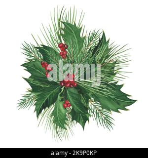 Holly Weihnachtsblätter mit Beeren, Kiefer, Fichte isoliert auf weißem Hintergrund. Aquarell botanische handgezeichnete Weihnachten Illustration. Kunst für Design-Deko Stockfoto