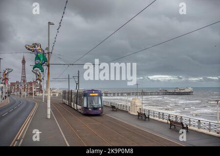 Sie passieren die Blackpool Pleasant Street mit dem Blackpool Tower und dem nördlichen Pier, die Straßenbahn Blackpool und Fleetwood Bombardier Flexity Tram 015 Stockfoto