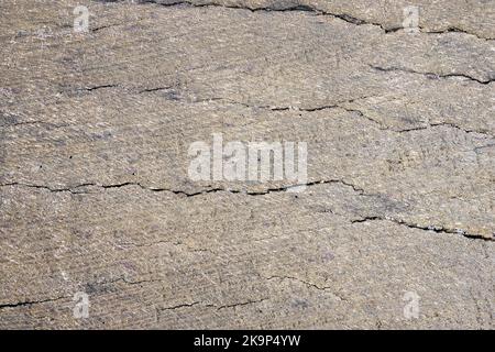 Alte graue und braune sandige verwitterte gewaschene befleckte Holzstruktur mit horizontalen Rissen jährliche Ringe und Körner von Flusssand. Nahaufnahme mit natürlicher Struktur Stockfoto