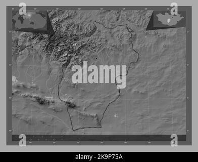 Ovorhangay, Provinz Mongolei. Bilevel-Höhenkarte mit Seen und Flüssen. Karten für zusätzliche Eckposition Stockfoto