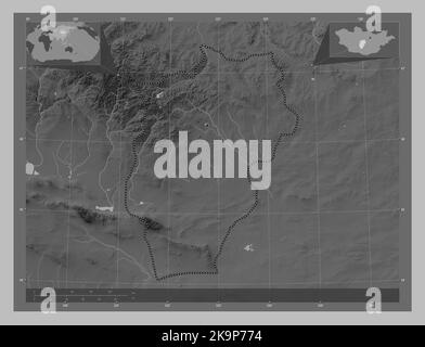 Ovorhangay, Provinz Mongolei. Höhenkarte in Graustufen mit Seen und Flüssen. Karten für zusätzliche Eckposition Stockfoto