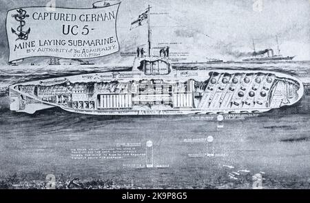 Das Minelayer-U-Boot UC-5 aus der Zeit des ersten Weltkrieges, das nach der Eroberung durch die Royal Navy im Jahr 1915 im Querschnitt gesehen wurde, diente der deutschen Kaiserlichen Marine, bis es 1916 vor der Küste von Suffolk auf Grund lief. Sie wurde von den Briten wiedergefunden und für Propaganda verwendet. Stockfoto