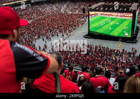 Curitiba, Brasilien. 29. Oktober 2022. PR - Curitiba - 10/29/2022 - ATHLETICO-PR, FINALE LIBERTADORES TORCIDA - Athletico-PR-Fans im Stadion Arena da Baixada in der Stadt Curitiba folgen dem Copa Libertadores-Finale zwischen Flamengo x Atlhetico-PR, das am Samstag (29) in Quito, Ecuador, gespielt wurde. Foto: Robson Mafra/AGIF/Sipa USA Quelle: SIPA USA/Alamy Live News Stockfoto