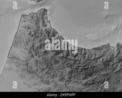 Tanger-Tetouan-Al Hoceima, Region Marokko. Höhenkarte in Graustufen mit Seen und Flüssen Stockfoto