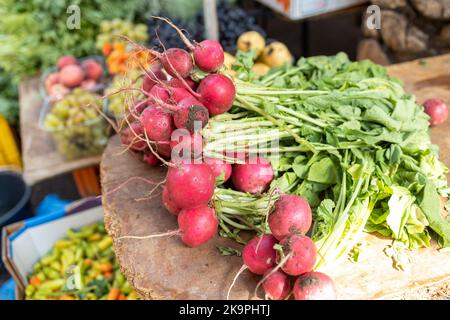 Radieschen in einer Kunststoffbox zum Verkauf auf dem Markt Stockfoto