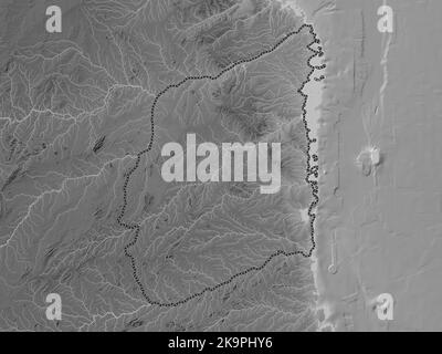 Cabo Delgado, Provinz Mosambik. Höhenkarte in Graustufen mit Seen und Flüssen Stockfoto