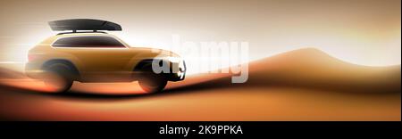 Gelber SUV, der in der Wüste auf einem sonnigen sandigen Hintergrund mit einem Frachtträger-Kasten auf dem Dach schwelgen wird. Auto Reisen, Safari Offroad Abenteuer horizontale Banner Vektor-Illustration. Stock Vektor