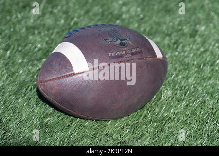 Annapolis, Maryland, USA. 29. Oktober 2022. Der Navy-Ball legt sich vor dem Fußballspiel Navy vs. Temple im Navy-Marine Corps Memorial Stadium in Annapolis, Maryland, am 29. Oktober 2022 auf das Spielfeld. (Bild: © Kai Dambach/ZUMA Press Wire) Bild: ZUMA Press, Inc./Alamy Live News Stockfoto