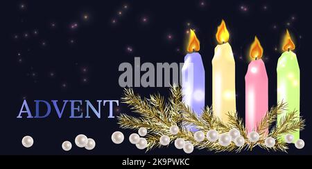 Vier wunderschöne Adventskerzen mit festlichen Verzierungen. Goldene Tannenzweige, Perlenkugeln auf nächtlichem Hintergrund. Advent-Banner. Xm Stock Vektor