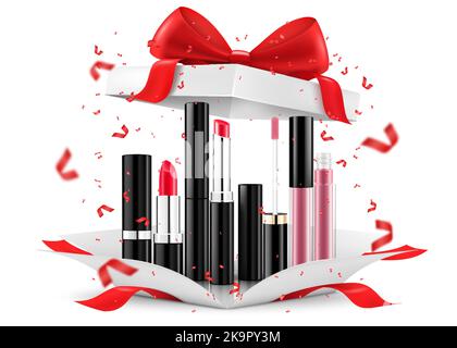 Farbige Lippenstifte, Lippenglosses in offener Geschenkbox, isoliert auf weißem Hintergrund. Weiße Geschenkbox mit Kosmetikartikeln. Present, Gift, Surprise Konzept Stock Vektor