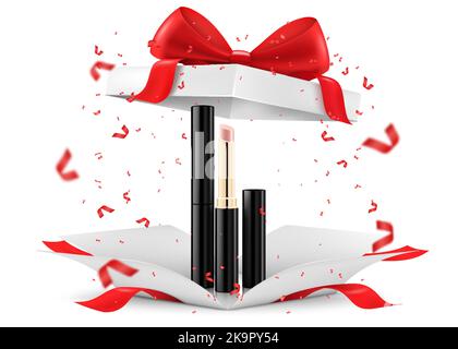 Farbige Lippenstifte, Lippenglosses in offener Geschenkbox, isoliert auf weißem Hintergrund. Weiße Geschenkbox mit Kosmetikartikeln. Present, Gift, Surprise Konzept Stock Vektor