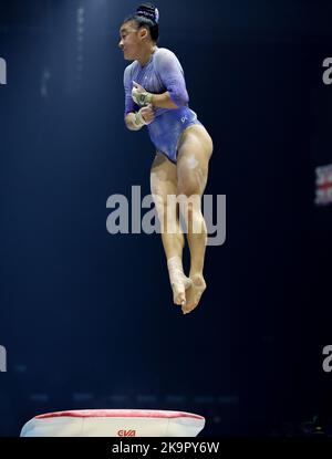 Liverpool, Großbritannien. 29. Oktober 2022. 29.. Oktober 2022, M&amp;S Bank Arena, Liverpool, England; 2022 World Artistic Gymnastics Championships; Women's Qualification Vault - Leanne Wong (USA) Credit: Action Plus Sports Images/Alamy Live News Stockfoto