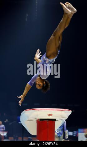 Liverpool, Großbritannien. 29. Oktober 2022. 29.. Oktober 2022, M&amp;S Bank Arena, Liverpool, England; 2022 World Artistic Gymnastics Championships; Women's Qualification Vault - Shilese Jones (USA) Credit: Action Plus Sports Images/Alamy Live News Stockfoto