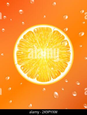 Orangenscheibe mit Tropfen Saft. Orangensaft tropft. Ein Element für Ihr Verpackungsdesign. Vektorgrafik. Realistische 3D-Vektor-Illustration. Clo Stock Vektor