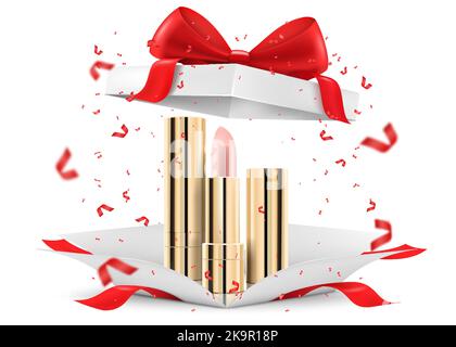 Farbige Lippenstifte, Lippenglosses in offener Geschenkbox, isoliert auf weißem Hintergrund. Weiße Geschenkbox mit Kosmetikartikeln. Present, Gift, Surprise Konzept Stock Vektor