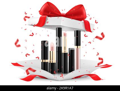 Farbige Lippenstifte, Lippenglosses in offener Geschenkbox, isoliert auf weißem Hintergrund. Weiße Geschenkbox mit Kosmetikartikeln. Present, Gift, Surprise Konzept Stock Vektor