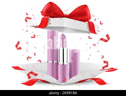 Farbige Lippenstifte, Lippenglosses in offener Geschenkbox, isoliert auf weißem Hintergrund. Weiße Geschenkbox mit Kosmetikartikeln. Present, Gift, Surprise Konzept Stock Vektor