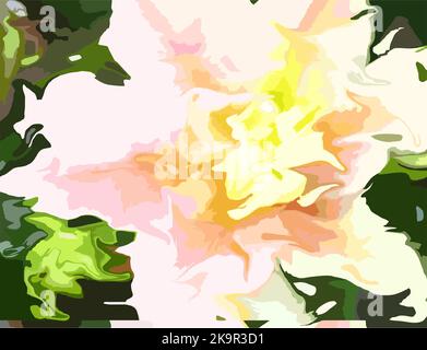 Lily in rosa-gelb-grüner Tonalität für Drucke oder Stoffe. Verschwommener Hintergrund mit Blumen für Urlaub oder Veranstaltungen, Mode, Scrapbooking, Hintergrundbilder Stockfoto