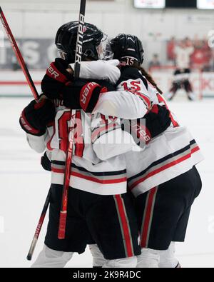 29. Oktober 2022: Ohio State Buckeys Verteidiger Sophie Jaques (18) knüpft das Spiel 4-4 gegen die Minnesota Golden Gophers in der dritten Periode in ihrem Spiel in Columbus, Ohio. Die Ohio State Buckeyes haben das Spiel in einem Schießerei gewonnen. Brent Clark/CSM Stockfoto