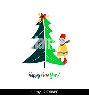 Lustiger Schneemann und Weihnachtsbaum. Illustration für Malbuch, Aufkleber. Karte zum frohen Neujahr. Stock Vektor