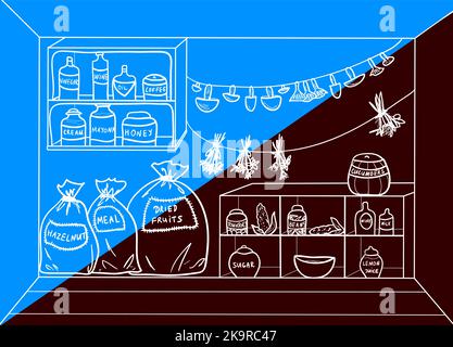 Cartoon Speisekammer mit Speisen und Getränken. Vektorgrafik. Stock Vektor