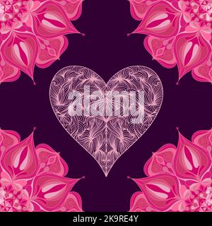 Abstraktes Nahtloses Muster mit stilisiertem buntem Herz und kunstvollen Mandalas. Stock Vektor