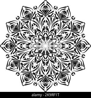 Handgezeichnetes Doodle-Muster im Kreis. Dekorative Lacy Mandala oder Schneeflocke. Gestaltungselement für Drucke, Grußkarten, Malbuch für Erwachsene, Einladungen, Stock Vektor