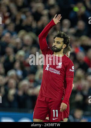 Liverpool. 30. Oktober 2022. Mohamed Salah aus Liverpool feiert das Spiel der englischen Premier League zwischen Liverpool und Leeds United in Liverpool, Großbritannien, am 29. Oktober 2022. Quelle: Xinhua/Alamy Live News Stockfoto