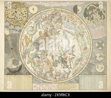 Vintage Sternenkarte und Karte aus dem 18.. Jahrhundert mit Tierkreiszeichen. Sonne, Mond, Planeten und Sonnenfinsternis in Inserts abgebildet. Stockfoto