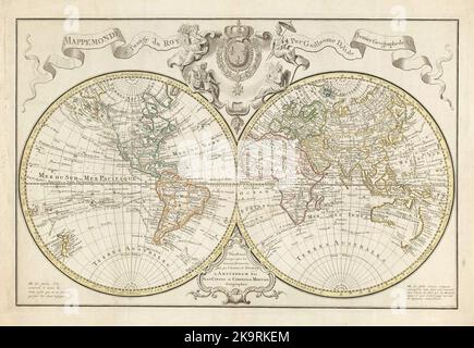 Vintage verzierte französische Weltkarte aus dem 18.. Jahrhundert mit zwei Hemisphäre von Guilluame Delisle Stockfoto