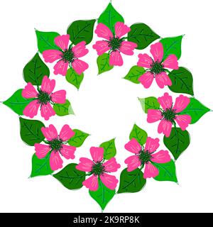 Abstrakter Blumenkranz oder Rahmen mit rosa Blüten und grünen Blättern. Dekoratives Element für Design. Stock Vektor