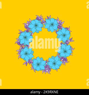 Blumenkranz aus hellen Blumen auf gelbem Hintergrund. Rahmenvorlage. Dekoratives Element für Sammelalbum, Aufkleber, Werbung, Web, Einladungen und g Stock Vektor