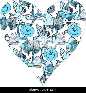 Dekoratives Herz mit Muscheln und Fischen. Stock Vektor