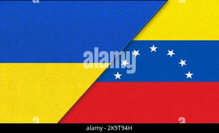 Flagge der Ukraine und Venezuelas - 3D Abbildung. Two Flag Together - Stofftextur. Nationale Symbole der Ukraine und Venezuelas. Zwei Länder. Bolivien Stockfoto