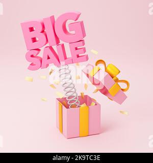 Ein großer Verkauf sprang aus einer Geschenkbox und Konfetti. Rosa Foto und rosa Box mit goldenem gelbem Band mit Schleife. 3D Rendern. Stockfoto