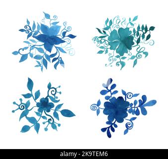 Set von handbemalten Aquarell-Blumen mit Blättern Stock Vektor