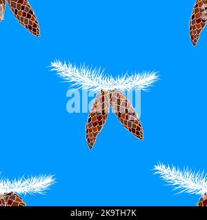Nahtloses Muster mit Tannenzapfen auf blauem Hintergrund. Vektorgrafik. Stock Vektor