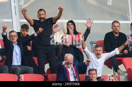 Deutschland. 29. Oktober 2022. Hasan ( Brazzo ) Salihamidzic, FCB Sport Director Oliver KAHN, FCB CEO, Vorsitzender der FC Bayern München AG, Jan-Christian Dreesen , Geschäftsführer Finanzvorstand FCB Herbert HAINER, FCB Präsident und Ex-CEO Adidas glücklich, lachen, feiern 6-2 Ziel von Eric MAXIM CHOUPO-MOTING (FCB 13) glücklich, lachen, feiern, Im Spiel FC BAYERN MÜNCHEN - 1. FSV MAINZ 05 1.Deutsche Fußballliga am 29. Oktober 2022 in München. Saison 2022/2023, Spieltag 12, 1.Bundesliga, FCB, München, 12.Spieltag © Peter Schatz / Alamy Live News - die DFL-VORSCHRIFTEN VERBIETEN AN Stockfoto