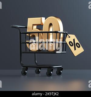 Warenkorb mit 50 Prozent Rabatt 3D Rendering-Nummer isoliert auf einem dunklen Hintergrund. Black Friday Konzept Stockfoto