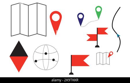 Einfacher Satz verlegungsbezogener Vektorliniensymbole. Enthält Symbole wie Karte mit Pin, Routenkarte, Navigator, Richtung und mehr. Stock Vektor