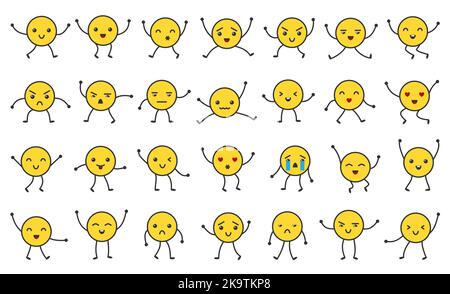 Emoticon menschliche gelbe Cartoon-Set. Emoji mit Händen und Beinen. Lächelnde Zeichen isoliert auf Weiß. Flaches Symbol mit Kreisfläche. Ausdruck Emotion Nachrichtenschild. Fröhlicher Spaß Lachen Chat Aufkleber Stock Vektor