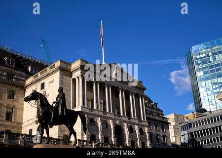 Fileboto vom 29/09/22 der Bank of England, London, die nächste Woche die größte Zinserhöhung seit 33 Jahren bekannt geben wird, da die Zentralbank ihre Bemühungen zur Eindämmung der Inflation fortsetzt. Stockfoto