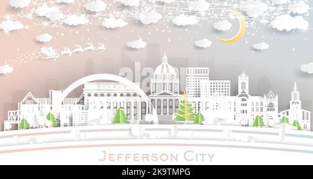 Jefferson City Missouri Skyline im Paper Cut Style mit Schneeflocken, Moon und Neon Garland. Vektor. Weihnachts- und Neujahrskonzept. Stock Vektor