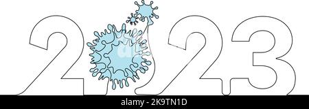 Das neue Jahr 2023 steht vor der Tür. Kontinuierliche eine Linie Zeichnung des neuen Jahres Zeichen auf Hintergrund glückliches neues Jahr Frohe Weihnachten. Vektorgrafik Stock Vektor